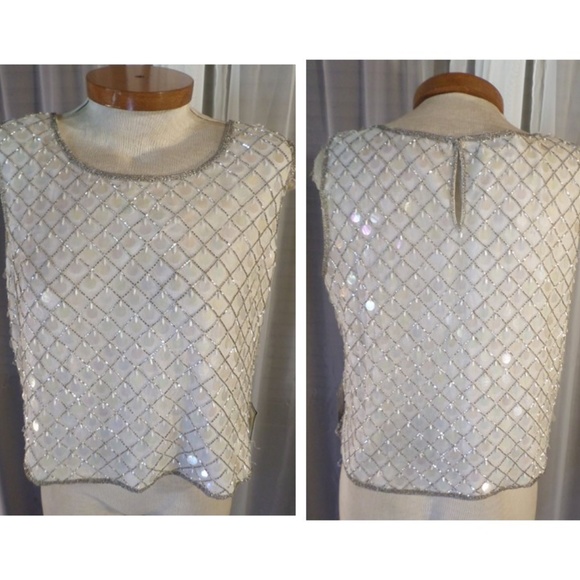 NWT Stenay XL Silk White Bead Sequin Top Sleeveles - Picture 3 of 8